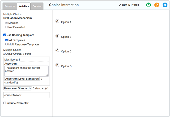 Choice interaction editor window: Multiple Choice: Variables tab: IAT scoring template